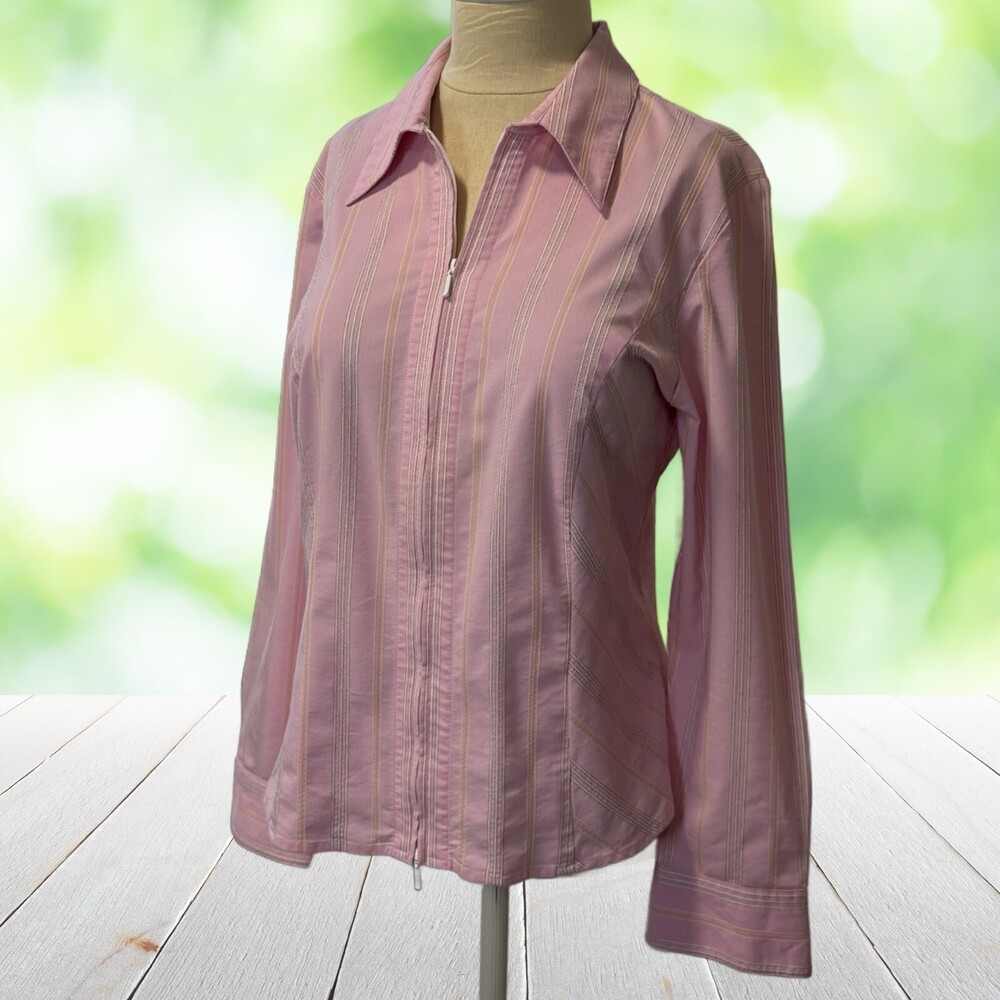 Vintage CABI Zip Front Shirt Pink Stripe Princess Seam Tailored Y2K Office XL